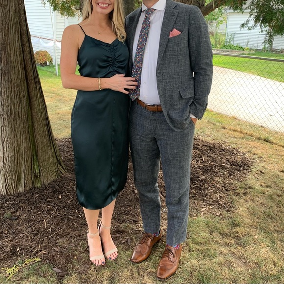 Express satin ruched from slip dress - Emerald - Picture 2 of 4